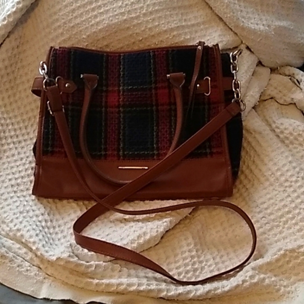 Red and navy wool plaid purse